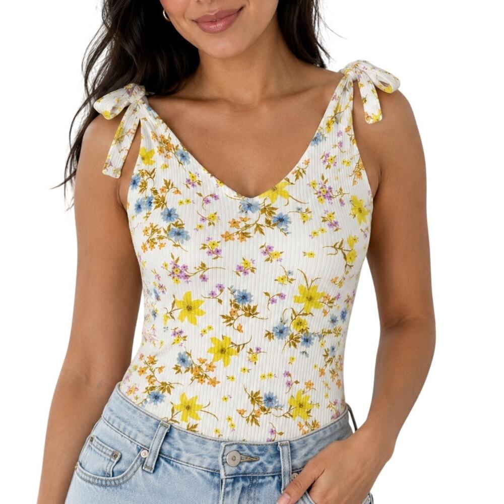 Old Navy Floral Tie Shoulder Rib Knit Bodysuit Medium White Yellow Blue